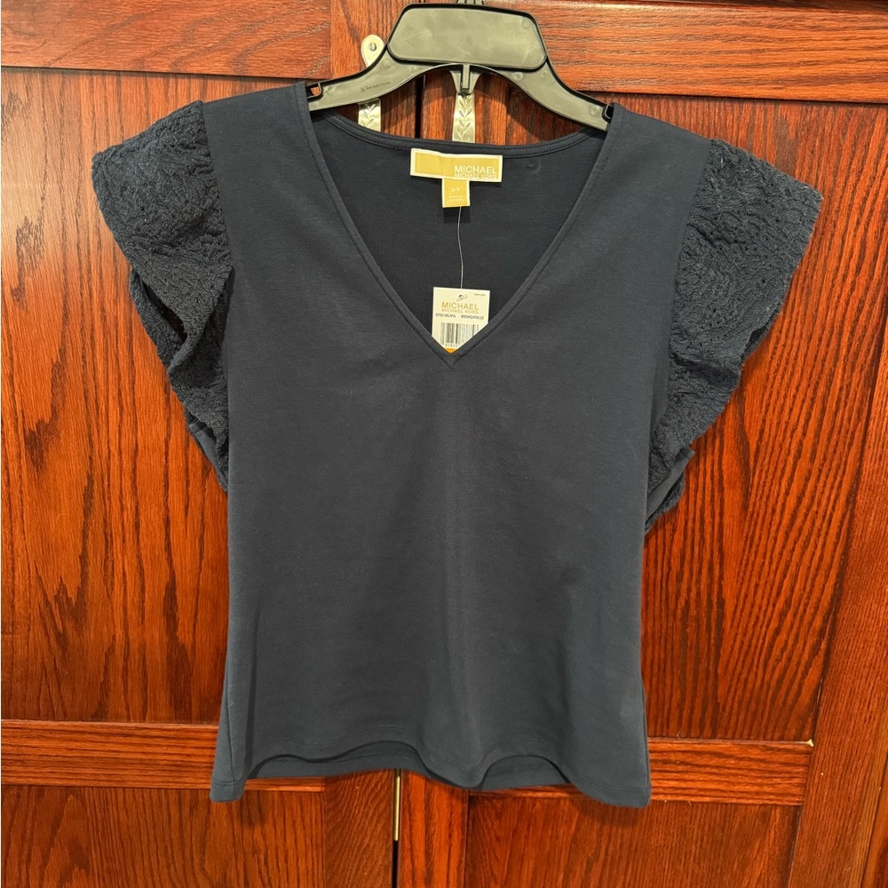 Michael Kors Deep Blue Blouse with Textured Sleeves